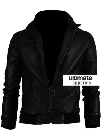 Slim Fit Men Black Bomber Leather Jacket