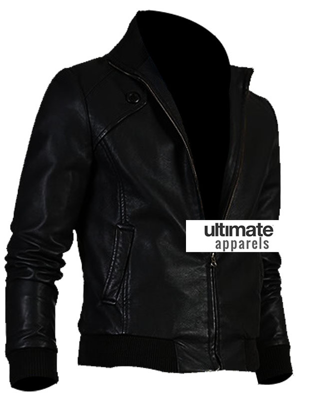 Slim Fit Men Black Bomber Leather Jacket
