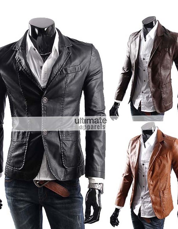 Men's Casual Smart Designers Black Leather Jacket Blazer