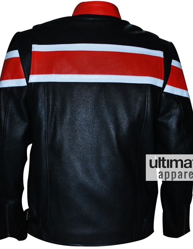 Men's Black Heavy Biker Leather Jacket With Orange Stripes