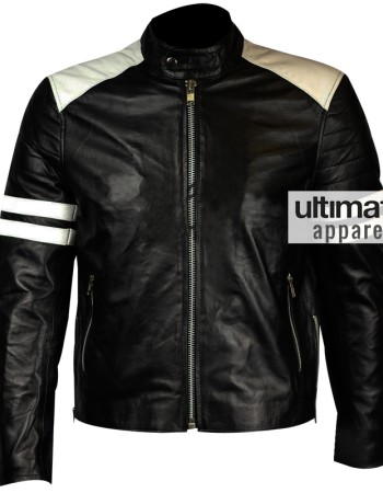 Men's Mayhem Black Fight Club Biker White Stripes Leather Jacket