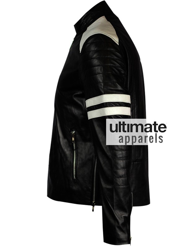 Men's Mayhem Black Fight Club Biker White Stripes Leather Jacket
