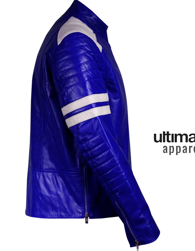 Men Blue Leather Motorcycle Jacket With White Stripes