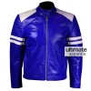 Men Blue Leather Motorcycle Jacket With White Stripes