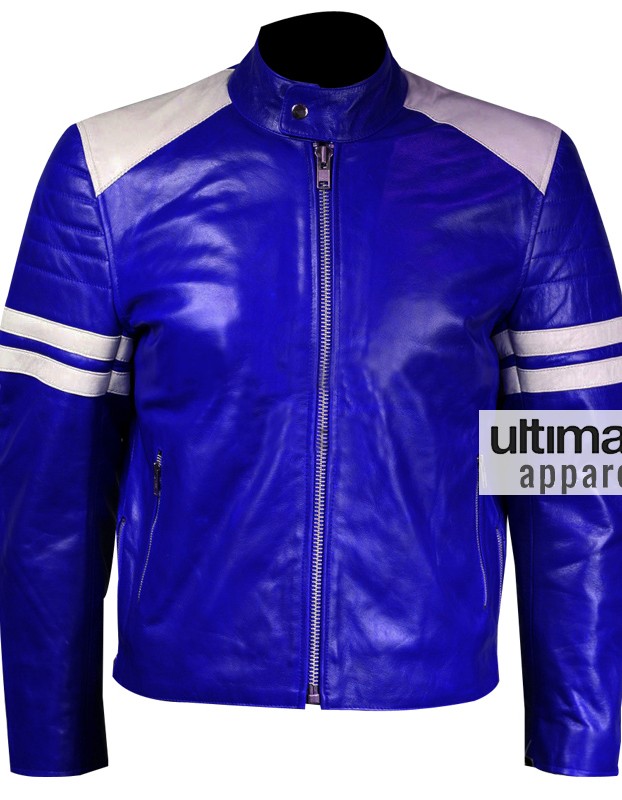 Men Blue Leather Motorcycle Jacket With White Stripes