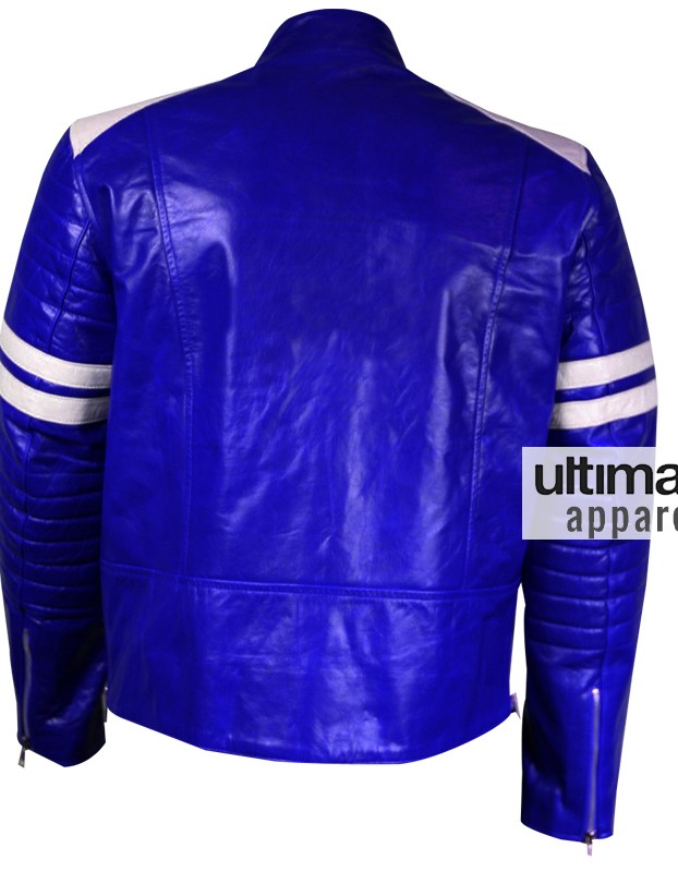 Men Blue Leather Motorcycle Jacket With White Stripes