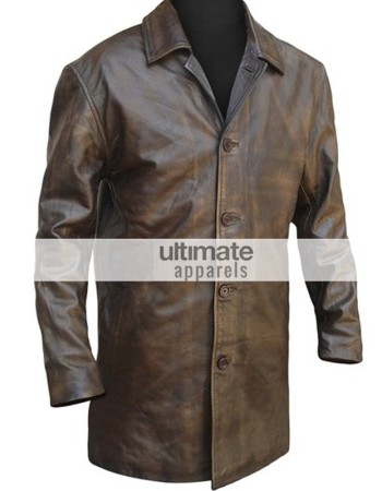 Mens Distressed Brown Trench Leather Blazer Jacket