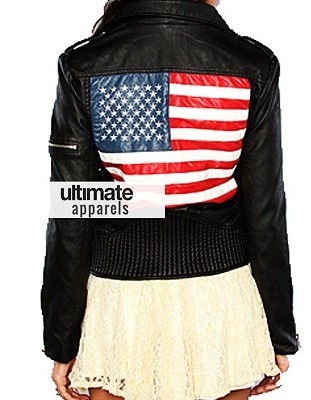 American Flag Women Black Biker Jacket For Sale