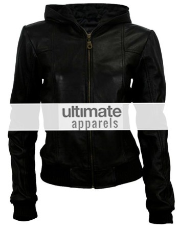 Women Hooded Black Leather Bomber Jacket 