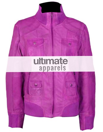 Women Pink Slim-Fit Hot Bomber Leather Motorcycle Jacket