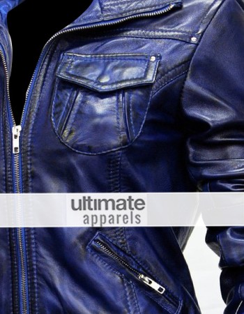 Women's Blue Bomber Leather Motorcycle Jacket