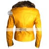 Female Yellow Leather Jacket With Fur Collar