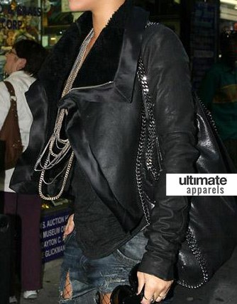 Rihanna Womens Black Shearling Asymmetrical Zipper Jacket