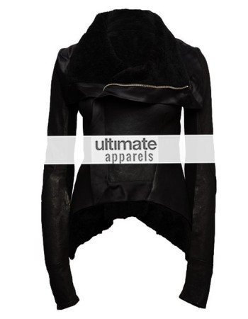 Rihanna Womens Black Shearling Asymmetrical Zipper Jacket